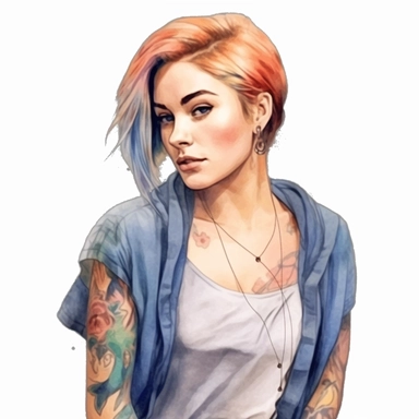 watercolor style, a beautiful girl with clearly visible tattoos, type of a creative person: graphic designer, freelancer, fashion designer, content manager or similar. Expressing freedom and self confidence. Modern and bold look. Realistic colors. Realistic picture. Fashionable bold clothes. Clipart, isolated on white background, 4K