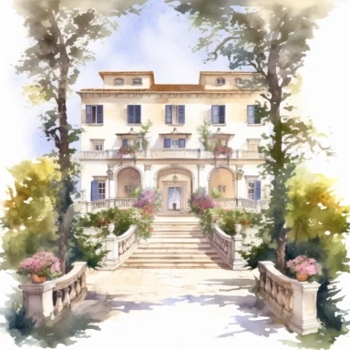 Watercolor drawing beautiful rich interior beautiful scalinata italy villa wedding venue in flowers, ,watercolor clipart, white background, isolated on white, 8k, watercolor style