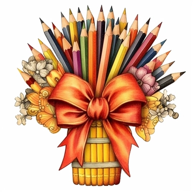 susan winget style, pencils with bow clipart free cliparts images, in the style of punctuated caricature, symmetrical arrangement, light crimson and yellow, intricate use of hatching, lyon school, award-winning, graffiti-influenced, solid white background