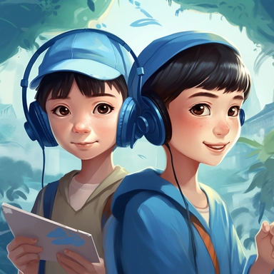 Use C4D software to create a painting about Chinese children studying.a boy and a girl under 9 years old are depicted in detail from the front. wide-eyed, smiling, The boy has big eyes, short hair, and wears primarily blue casual sportswear with a smart device on his head and a smart pen in his hand. The girl also has big blue eyes, and wears a yellow or orange casual college-style dress with a techy feel, white sports shoes, a ponytail on her head, headphones, a metal pink hair clip, and holds 