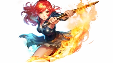 an anime character with red hair and blue flames, transparent background png clipart,anime,a city,a person with red hair and black clothes holding a sword in her hand,friends
