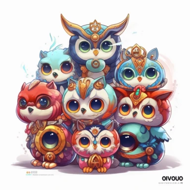 Kawaii owl, wallpaper owl, gods art, aion, jewelry, A team of 6 supportive, curious, nerdy computer cats and robots, clipart by Sarah Anderson, pure white background