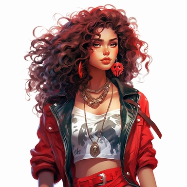 Disney princess moana, curly brown rocker hairstyle, red leather jacket over a ripped red top and white skirt, green stone necklace, skulls, gothic style, rock style, clipart, white background, by Kawacy
