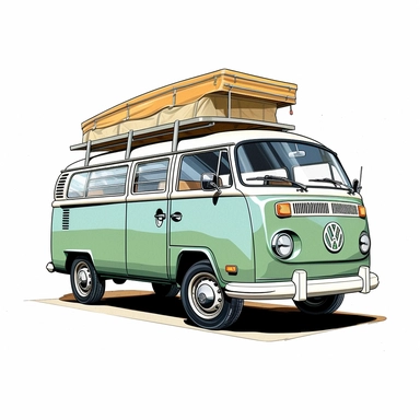 in clipart style, A meticulously crafted illustration of a Green 1970 Volkswagen Westfalia Camper with a raised roof highlighting its iconic design and graceful contours, placed against pure white background (style: evoking the accuracy and refinement of classic automobile blueprints) (lighting: deliberate, directional lighting, casting gentle highlights and shadows on the car's structure) (colors: an elegant palette of red for the Volkswagen's body set against a pristine, white backdrop) (compo