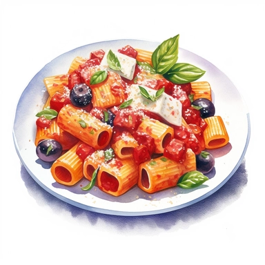 watercolor ultra realistic and hyper detailed illustration of a traditional italian Rigatoni alla Norma (with tomato sauce, eggplant, and ricotta salata) on a plate clipart, white background