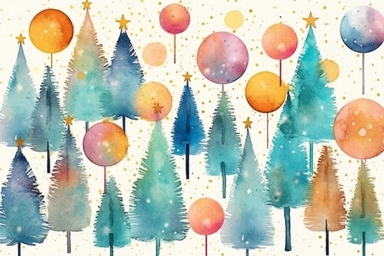 christmas tree and ornaments clipart illustration, in the style of textured pigment planes, whimsical watercolor, watercolor illustrations, commission for