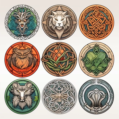 Generate a collection of lifelike clipart images featuring Celtic mythology and folklore symbols. Use a digital medium to create detailed illustrations that capture the essence of these ancient legends. Incorporate iconic symbols such as the Celtic knot, triskele, and Claddagh ring, paying attention to intricate patterns and precise linework. Utilize a vibrant color palette inspired by nature and Celtic artistry to bring these symbols to life.
