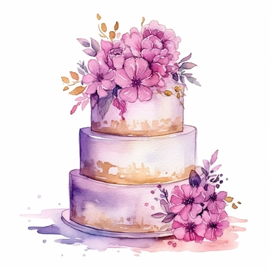 Create a stunning watercolor clipart featuring an exquisite and intricately designed wedding cake. Use a vibrant color palette to bring out the beauty and elegance of the cake. Incorporate delicate details, such as intricate lace patterns, cascading flowers, and ornate tiers. Apply gentle brushstrokes and blending techniques to achieve a soft and dreamy watercolor effect.