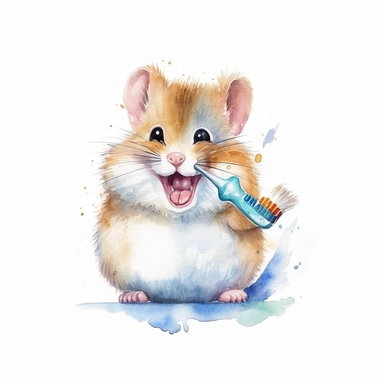 isolated images, illustrations on a white background, fantasy happy hamster brushing teeth lovely, Clipart, watercolor, realistic, isolated, fussy cuts, highly detailed, hdr, 32K, photo expert quality ar 1:1