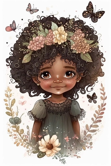 cute little fairy girl, black princess, flowers around, smiling, nice worm eyes, watercolor clipart, intricate details, white background