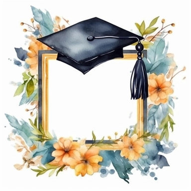 large golden frame with graduation caps and flowers, watercolor style, clipart