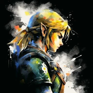 Legend of Zelda Link, close-up side profile view, colorful clipart watercolor, black background