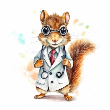 watercolor clipart, vey cute squirell, wearing a stethoscope and a white coat, working as a veterinarian, watercolor style, realistic, bright colors, 300 dpi, 8k, white and clear background, high solution