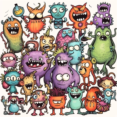 clipart , Doodle , bundle , Pixar whimsical girl monsters, spaced equally,