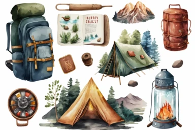 travel items clipart set isolated on white. Watercolor camping concept illustration set. Tourism themed design on a white background, watercolor, hyperrealism, high detail, separate elements, set