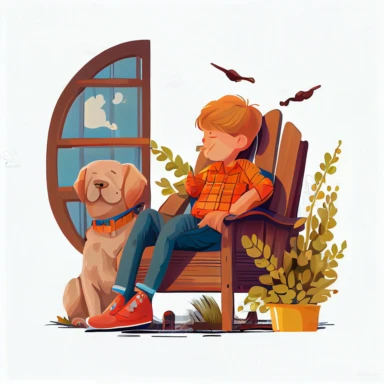 boy and his dog lounging together in the armchair on the porch of the cottage, clipart, cartoon children style, sharp graphic vector art illustration, warm colors, very high details, 8k, white background