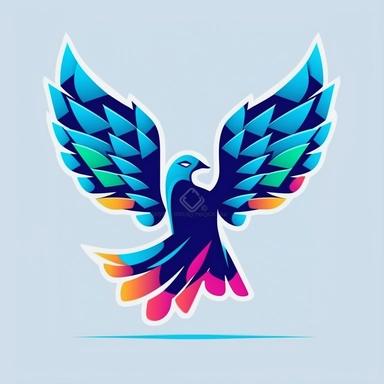 Create a logo for a digital clipart store featuring a dove. The dove should be depicted in a stylized and modern way, representing creativity, inspiration, and the digital nature of the store. The dove's shape should be sleek and streamlined, with clean lines and geometric elements. It can be illustrated in a dynamic pose or incorporating abstract design elements. The colour palette should be vibrant and eye-catching, incorporating a mix of bold and energetic colours that reflect the digital rea