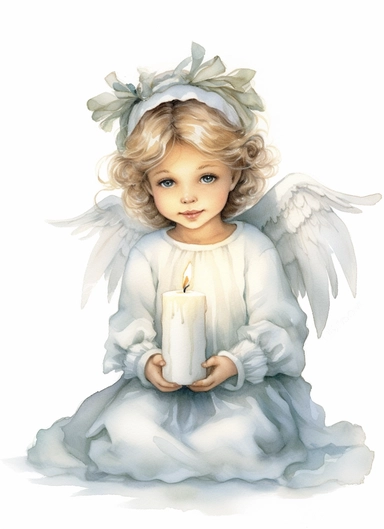 beautiful little Christmas angel with candle, beautiful Christmas clipart, soft faded colors, watercolor art by Marjolein Bastin