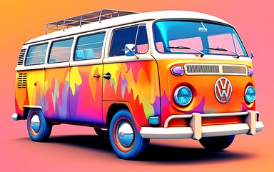 clip art of a VW bus decorated 60's style in synthwave style colourfull multicolour ultra details white background