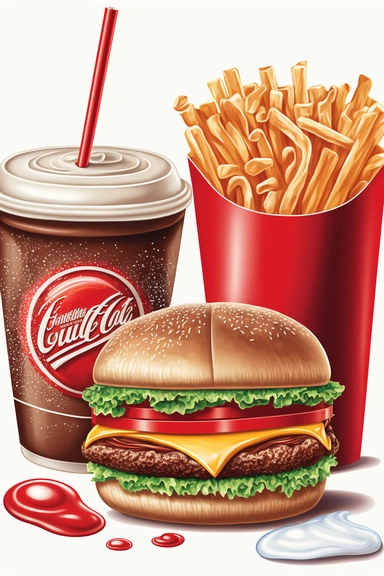 ood, burgers, french fries, ketchup, coca cola, fast food highly detailed clipart on white background, modern style