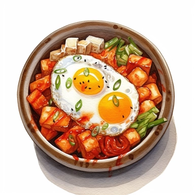 watercolor, hyper realistic, white background, white margins, 16k, ultra detailed clipart, cut out image, hand-drawn bowl of spicy Korean tteokbokki rice cakes in gochujang sauce, with fish cakes and boiled eggs, in the style of anime art, frostpunk, photo-realistic drawings, villagecore, lively and energetic, high quality, anime