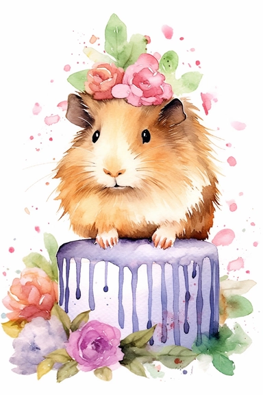 Create a watercolor clipart picture of a cute guinea pig sitting next to a birthday cake, with small flowers and greenery. The guinea pig should be a friendly and curious breed, and the cake should be a single-tier design with pastel colors and simple decorations, such as sprinkles and candles. The flowers and greenery should be scattered around the cake and the guinea pig, creating a whimsical and natural feel. The guinea pig can be holding a small party hat or a miniature banner to add to the 