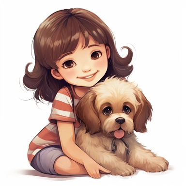 Illustrate a heartwarming clipart image of a smiling puppy and a little girl. They should exude a sense of happiness and contentment. The image should have a white background, a gentle cartoon-style aesthetic, and fuzzy, cuddly lines.