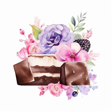 watercolor chocolate bar on a chocolate cupcake with pink and purple flowers clipart ,hd, white background--ar3.2--s1000