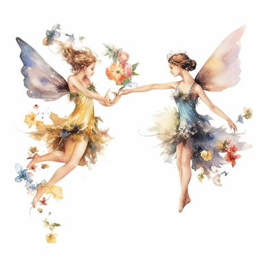 Fantasy Style Ancient Rome style flying tiny flower fairies with watercolor effect,Many flowers,suitable for digital clipart,white background,Mythologic Scene,Ancient rome fashion