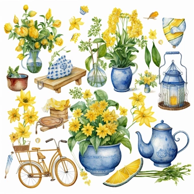 swedish theme clipart, midsummer holiday, flowers, flags and food, in the style of dreamy watercolor scenes, detailed character illustrations, mundane materials, patterns, detailed miniatures, cute childish style, swedish colors, white backround