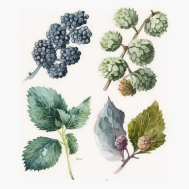 set of four, clipart, watercolour, tiny mulberries, white background--v 5