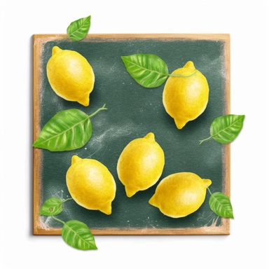 on white background cute and vibrant clipart featuring lemon chalk drawing on chalkboard in watercolor style, hyper realistic photo flat color
