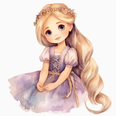 Toddler princess rapunzel cartoon watercolor, round face delicate her long hair sharp and detailed her outfit like the original princess, character should be well drawn with soft tones a very clear smile confident and a head lightly painted in watercolor the character is a one year old baby should be on a white background clipart