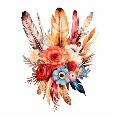 Design an auto sticker that exudes bohemian elegance through a combination of boho feathers and watercolor floral clipart bouquets. Let the graceful feathers and vibrant flowers create a captivating visual dance. Allow this design to reflect the free-spirited and sophisticated nature of the boho aesthetic.