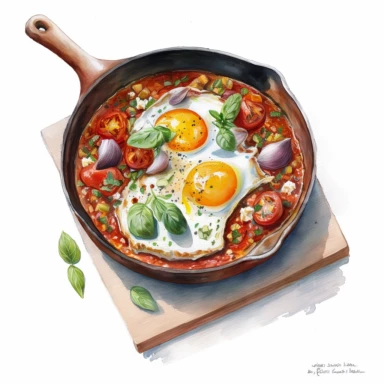 watercolour miniature shakshuka in a iron skillet clipart in white background