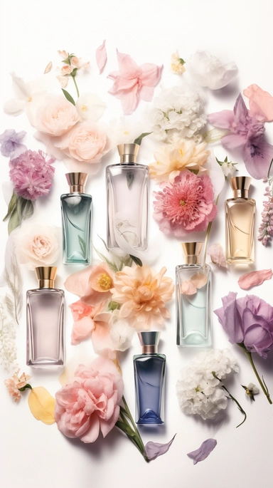 realistic watercolor illustration. clipart. different shape of pastel perfume bottles with variation randomly placed on a white soft background. flowers. roots. sophisticated. made entirely out of different types of flowers and perfume bottles standing tall against a white background. The image is designed as a poster. perfect for printing and sharing with friends and family. knolling