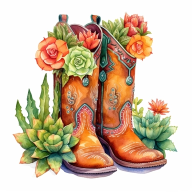 Design a radiant watercolor clipart illustration on a white isolated background vector, showcasing beautifully hand-painted leather cowboy boots adorned with exuberant floral patterns, surrounded by a tapestry of stunning cactus and succulents. Draw inspiration from the artistic style of Jeanne Dobie, a talented watercolor artist celebrated for her vibrant and luminous palette, to create a composition that exudes warmth and vitality, capturing the essence of the desert oasis.