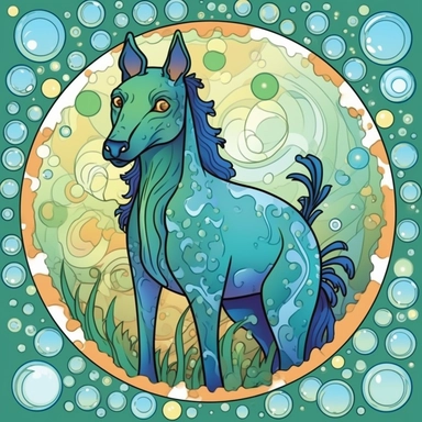 Create a fun and whimsical clipart of an iridescent kelpie submerged in water, surrounded by bubbles or seaweed. The kelpie should be the center of attention, with a cartoonish style featuring bold lines and bright colors. The contrasting background should be plain, allowing the kelpie to stand out. Think of the kelpie as a friendly creature, eager to make new underwater friends and explore the depths of the sea.