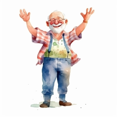 a watercolor clipart image with a white background, featuring a cute sweet extremely happy cartoon grandad, full body