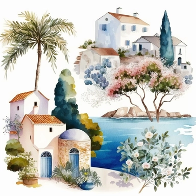 beautiful watercolor clipart of a Mediterranean scene with white village houses and seascape, warm summer blue and white hues, local flowers around the houses, compositions on an isolated white background. Bright landscapes illustrations, highly detailed