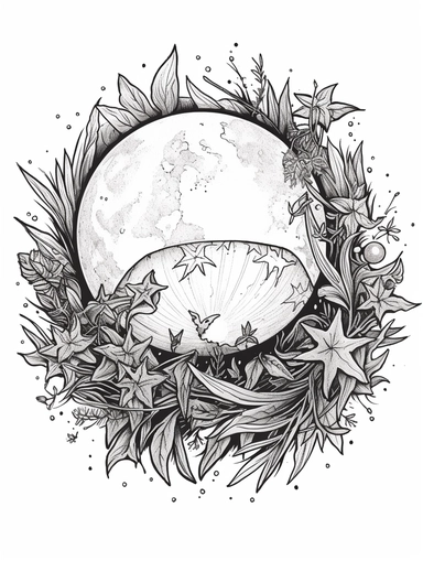 Coloring pages, black and white, linework, clip art, white background. In a circle, a Seedling growing, stars, planet earth .