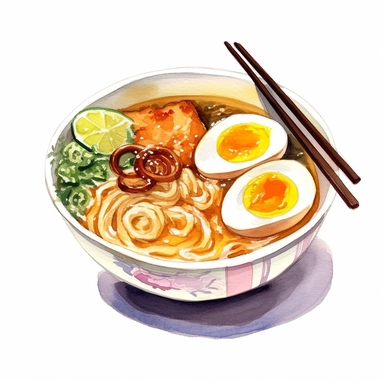 a delightful watercolor, hyper-realistic clipart image with a white background and white margins, showcasing a bowl of ramen. The ultra-detailed, hand-drawn elements capture the golden batter and tender fish. Use whimsical touches to add a sense of freshness, and bold shades of yellow and brown to evoke the comforting and satisfying nature of this classic fast food dish