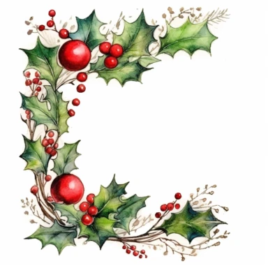 holly and berries and christmas ornaments, white background, clipart, page border style, watercolor, vintage--q2