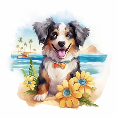 summer, clipart, water color, dog, no background, white background, beach