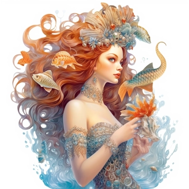 beautiful rich Russian style sea mermaid with long hair full body with fish tale, sea stars, sea shells, portrait, super high quality, high resolution, oil painting clipart, natural colors, isolated white background, 8k