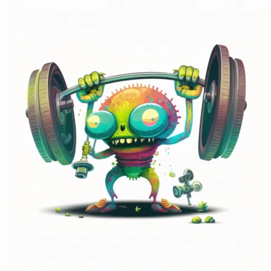Boho style illustration, clipart, sublimation painting Weightlifter alien lifts the barbell. Bright colorful colors. White empty background, high quality 8k, high quality detail.
