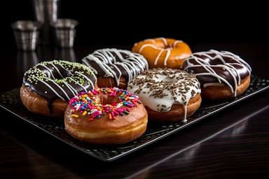 Soft and pillowy donuts are glazed to perfection, with flavors ranging from classic vanilla to indulgent chocolate. They are placed on a sleek black plate, with a dusting of powdered sugar and sprinkles adding a pop of color. In the background, a vibrant mural adds a modern touch to the scene, Photo clipart, super detail, vignetting, shot with Nikon D3000,