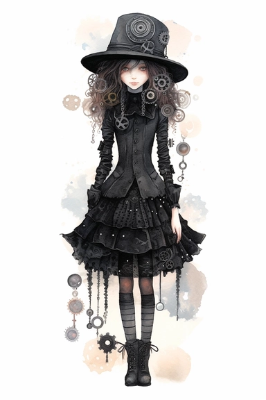 watercolor mixed media goth steampunk girl entire body in goth steampunk graduation dress illustration clipart by holly hobbie
