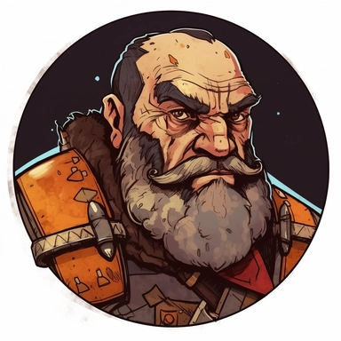 A Dungeons & Dragons character portrait circular tondo depicting a grizzled dwarven dwarf Sean Connery Indiana Jones, Craig Mullins Ashley Wood Bernard Buffet Josh Kirby, Mad Max Lord of the Rings Discworld, handpainted punk zine indie retrowave, clipart illustration, circular solid background circular border