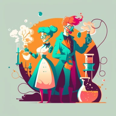 scientists having fun in the laboratory, silly, cute, romantic, fantasy style, high detailled, negative space, clipart, steam punk, vibrant colors